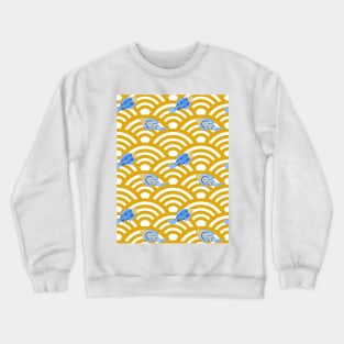 Blue fishes in yellow seigaiha waves Crewneck Sweatshirt